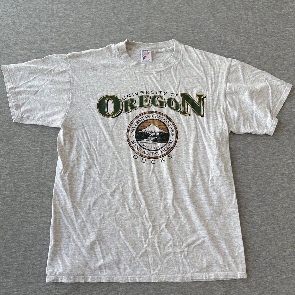 Jerzees T Shirt Oregon Ducks Size L Made in USA Vintage T Shirt Light Gray